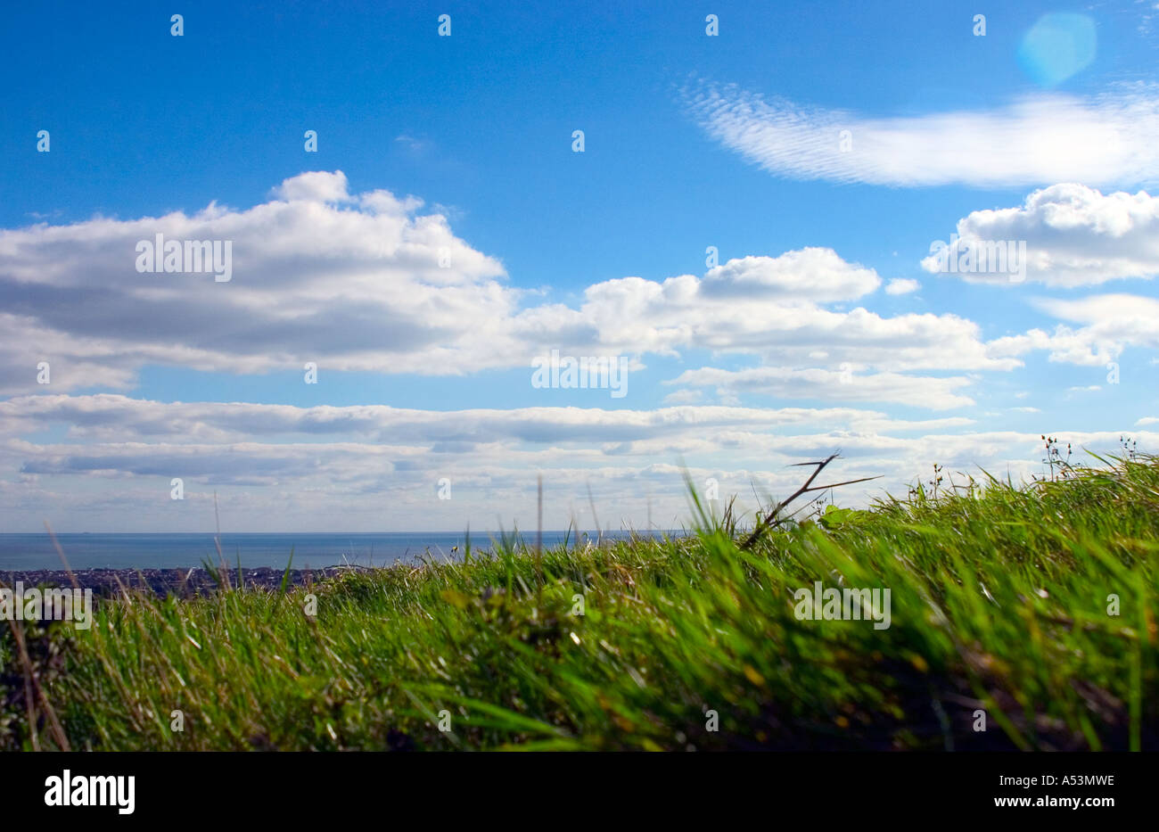 Worms eye view looking over grassland towards the sea Stock Photo