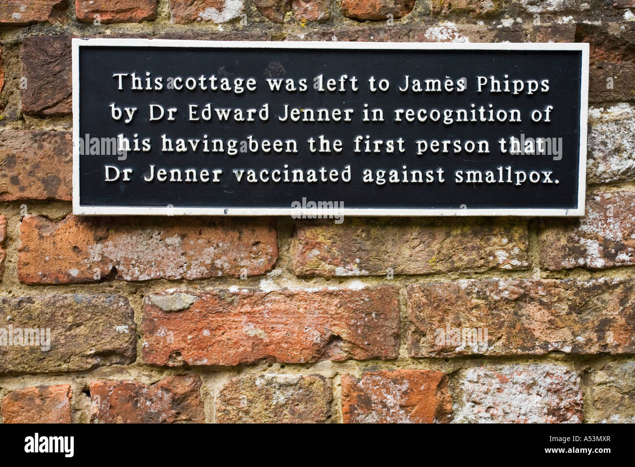 Plaque to commemorate gift of cottage to James Phipps by Dr Edward Jenner discoverer of vaccination against smallpox at Berkeley Stock Photo