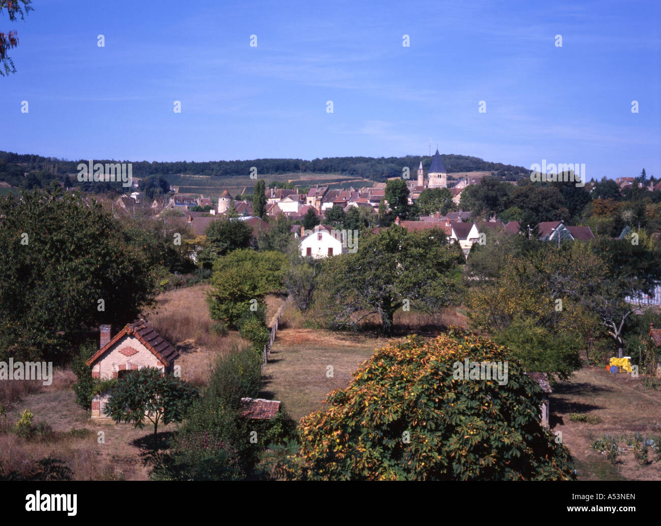 Buxy seen from Voie Verte (cycleway) south of Givry, Burgundy, France Stock Photo