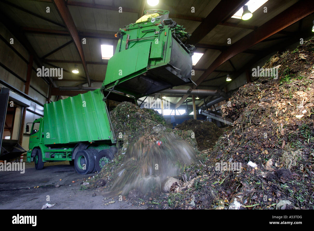 A garbage truck in the composting plant in Mechernich, Germany Stock