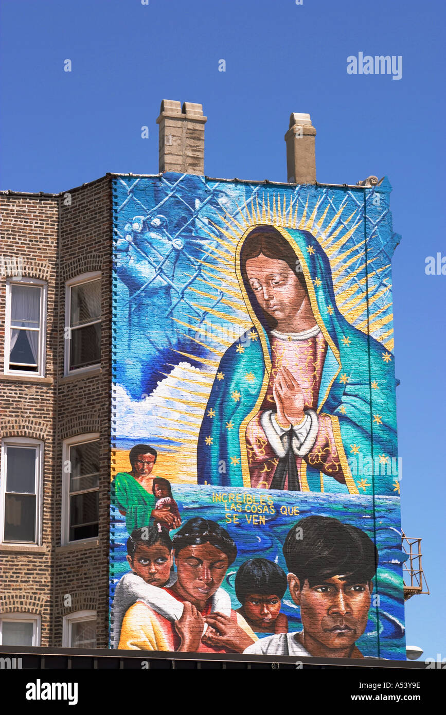 STREET SCENE Chicago Illinois Mural on side of building Hispanic PIlsen