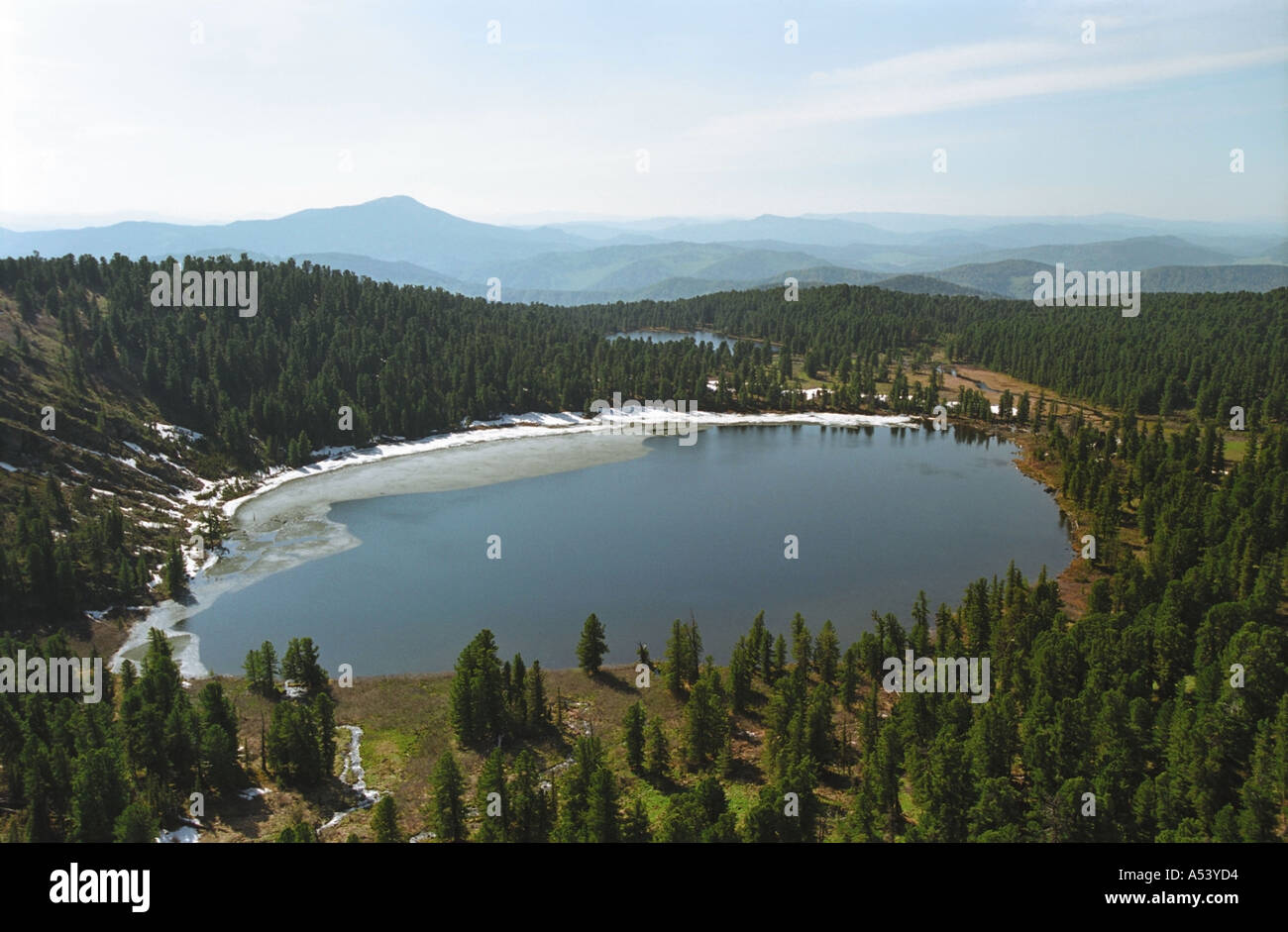 Aerial photo of the Karakol Lake Altai Siberia Russia Stock Photo