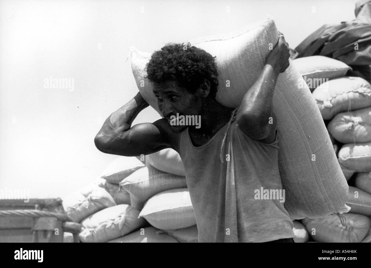 Painet hq1498 black and white food worker unloading aid docks massawa eritrea images bw country developing nation less Stock Photo