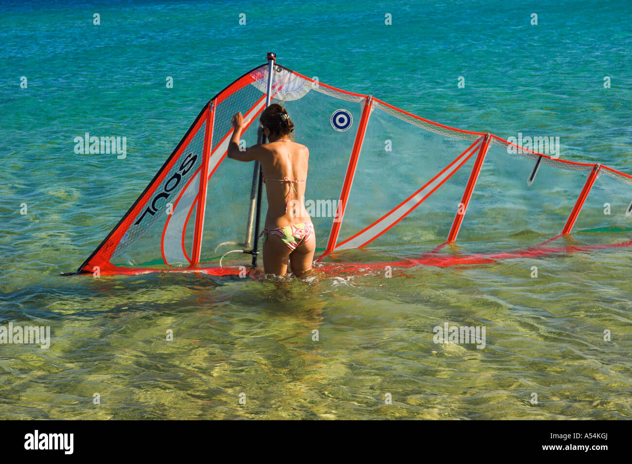 Woman tourist in bikini on her own standing in sea holding windsurfing sail  Stock Photo - Alamy