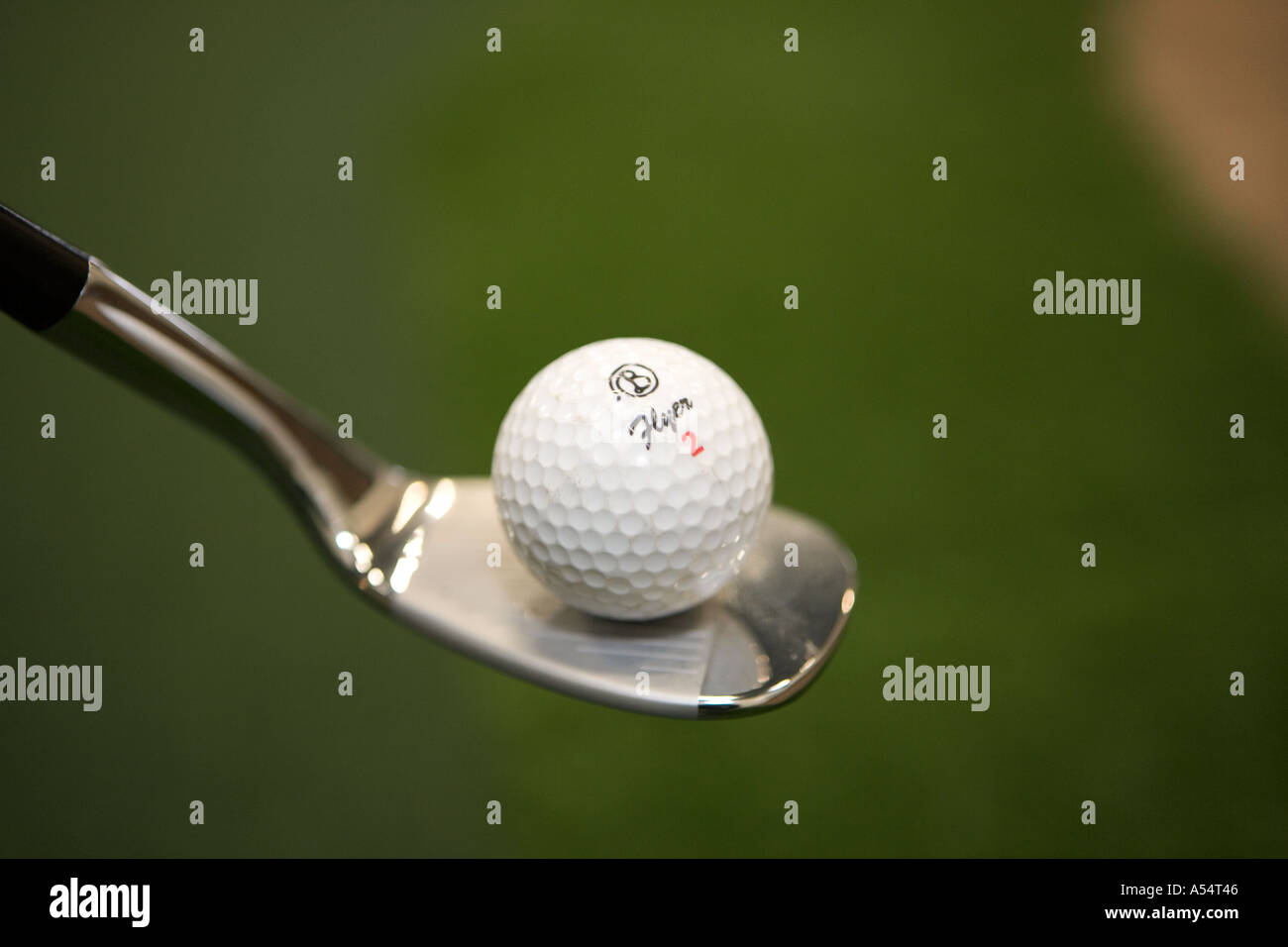 Golf ball balanced on club Stock Photo