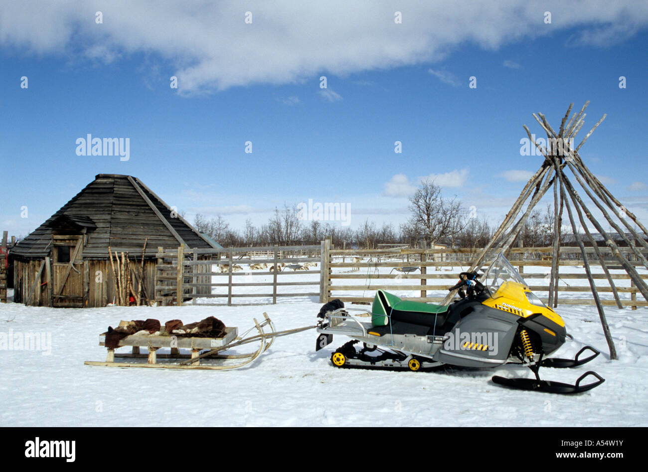 Sami Lapp reindeer herder s traditional goahti in Swedish Lapland with
