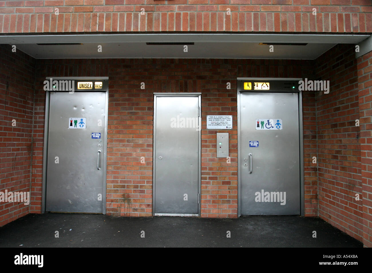 Entrance to public toilets via three steel doors in Devizes Wiltshire