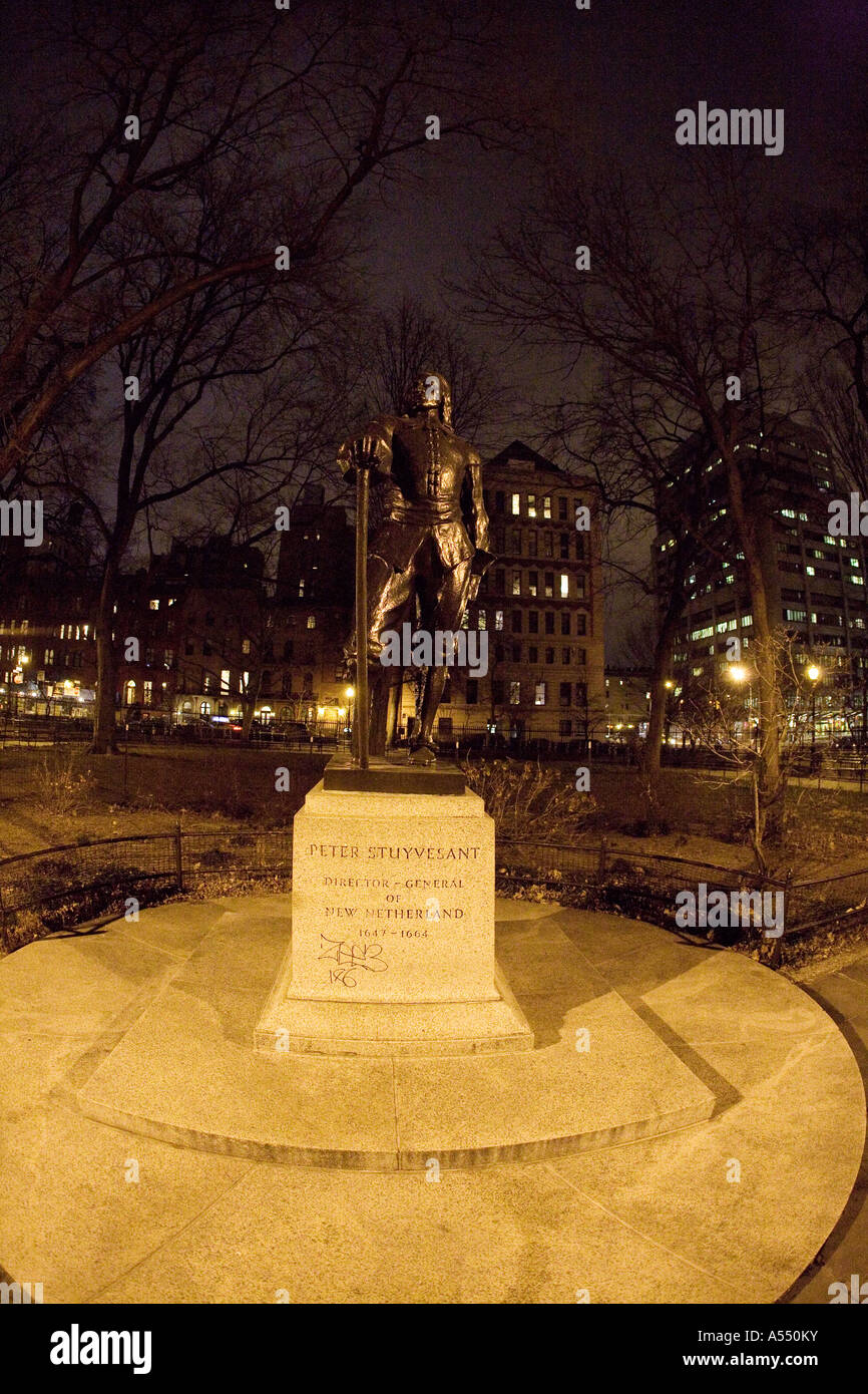 Peter Stuyvesant statue at night with moon, New York City Stock Photo