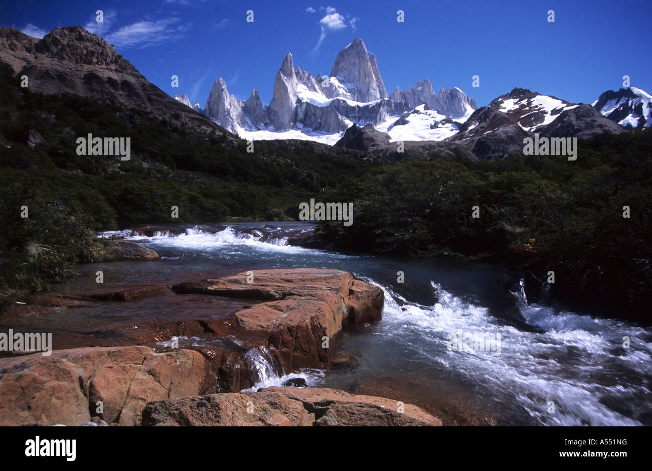 Mt Fitzroy and Chorrillo del Salto, near El Chalten, Los Glaciares National Park, Patagonia, Argentina Stock Photo