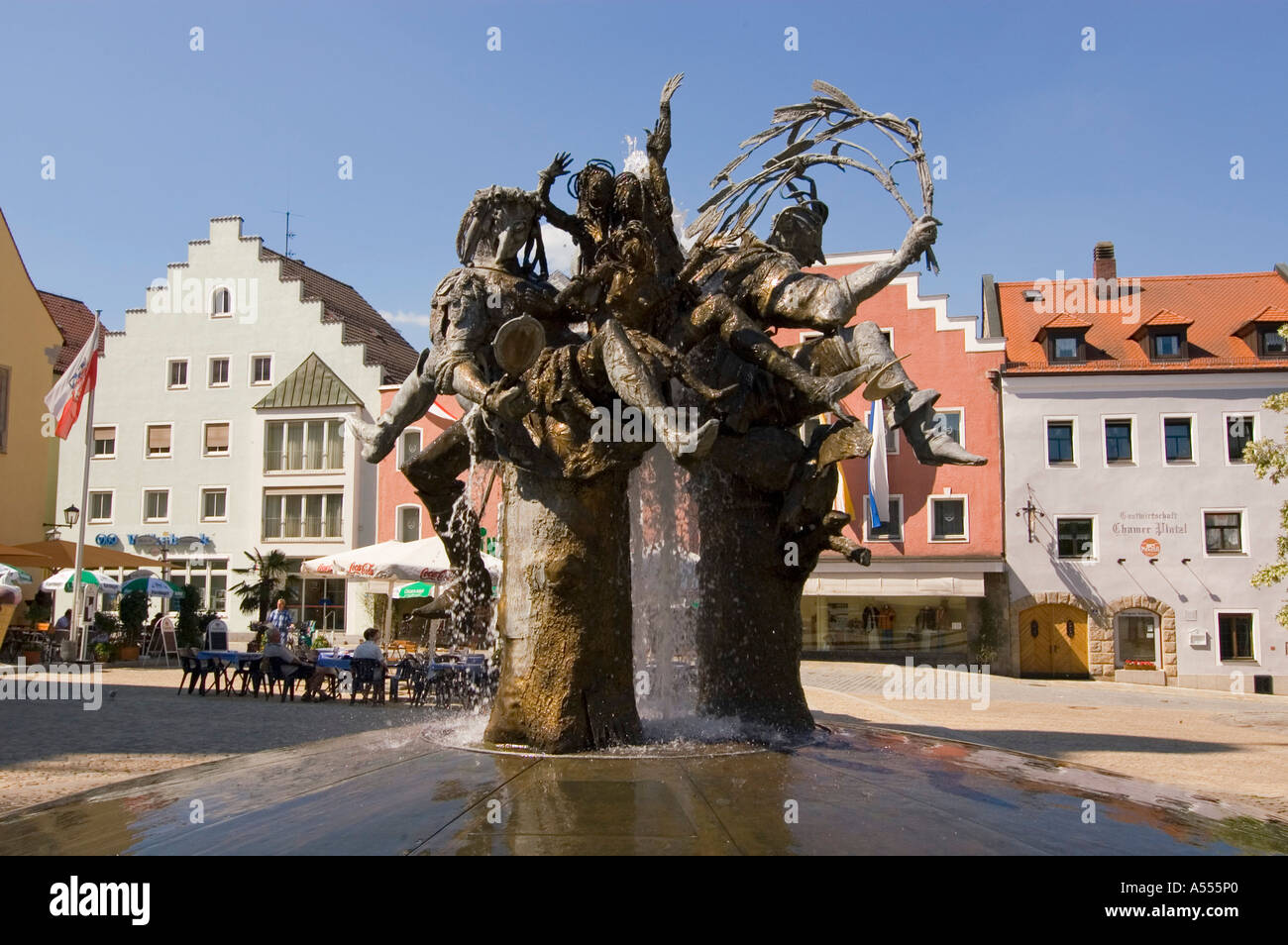 Cham Upper Palatinate Bavaria Germany market place with the market place fountain of Josef Michael Neustifter 1995 Stock Photo