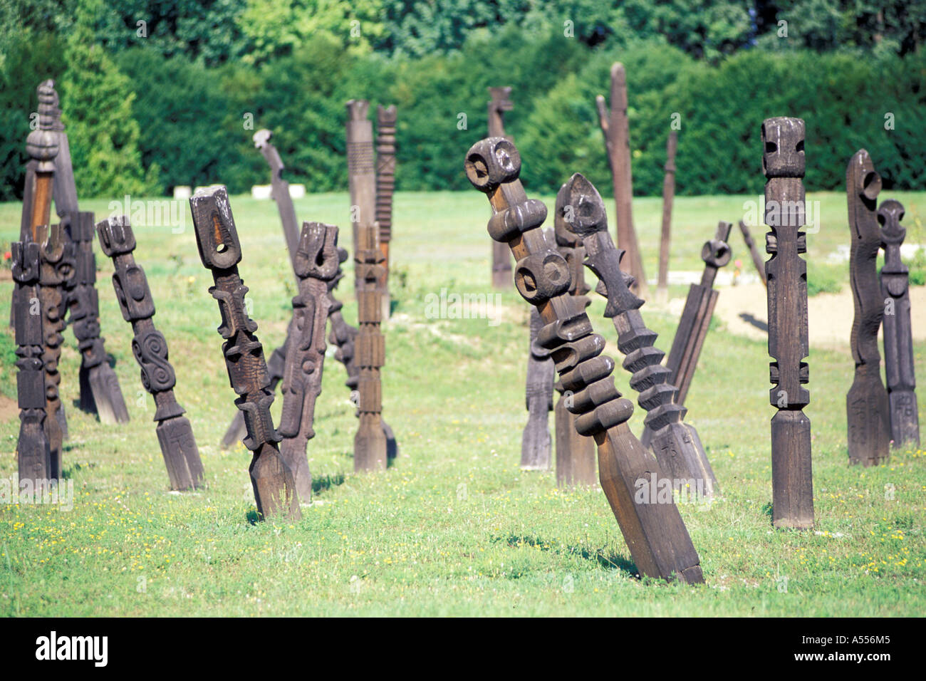 Totem poles memorial place Mohacs Hungary Stock Photo