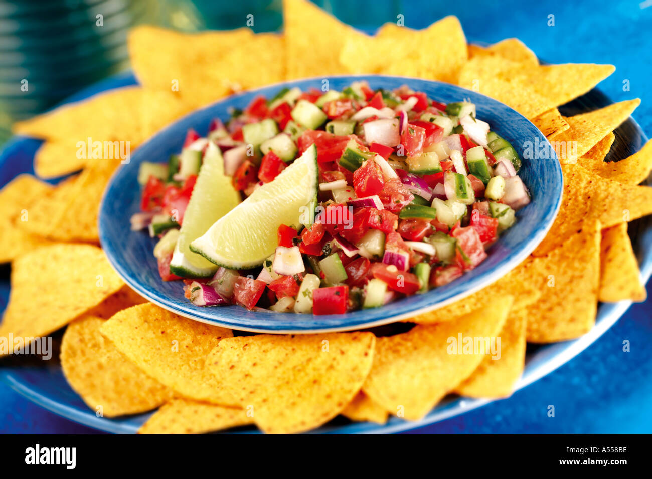 NACHOS AND SALSA Stock Photo