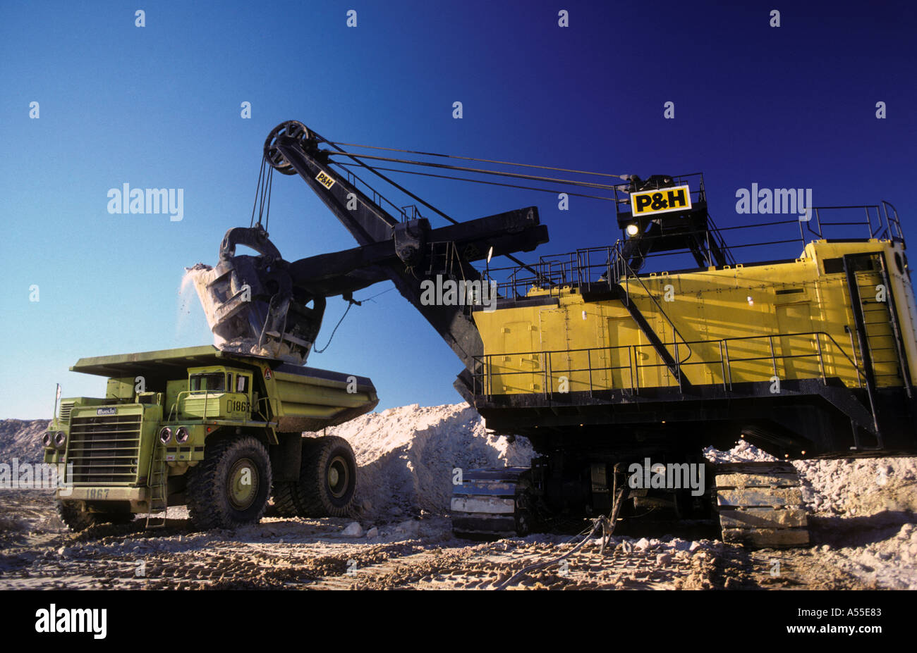 huge electric shovel loading copper ore into off road haul truck at