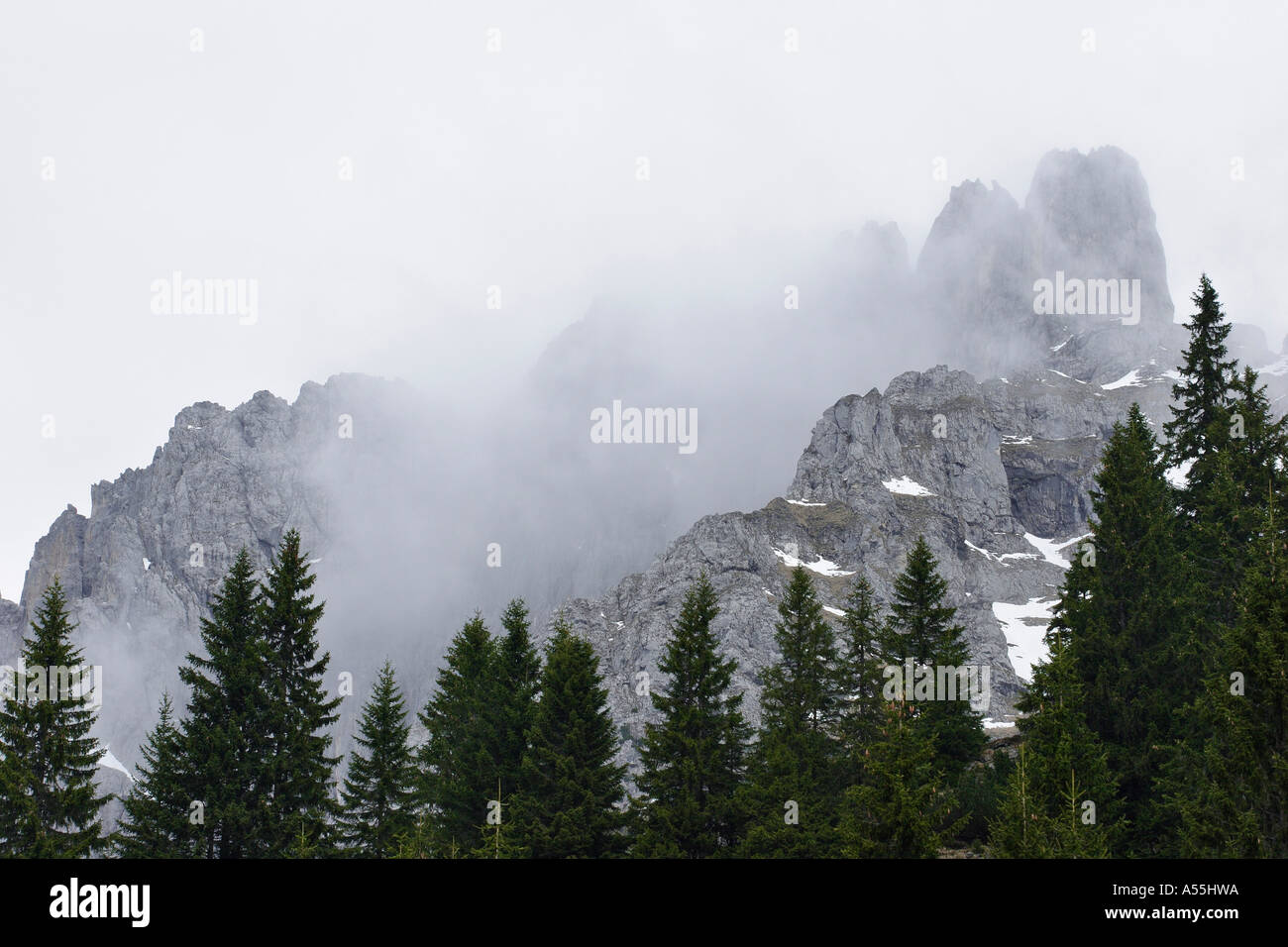 View of Elmauer Halt on mountain Ridge of Wilder Kaiser after rain Tyrol Austria Stock Photo