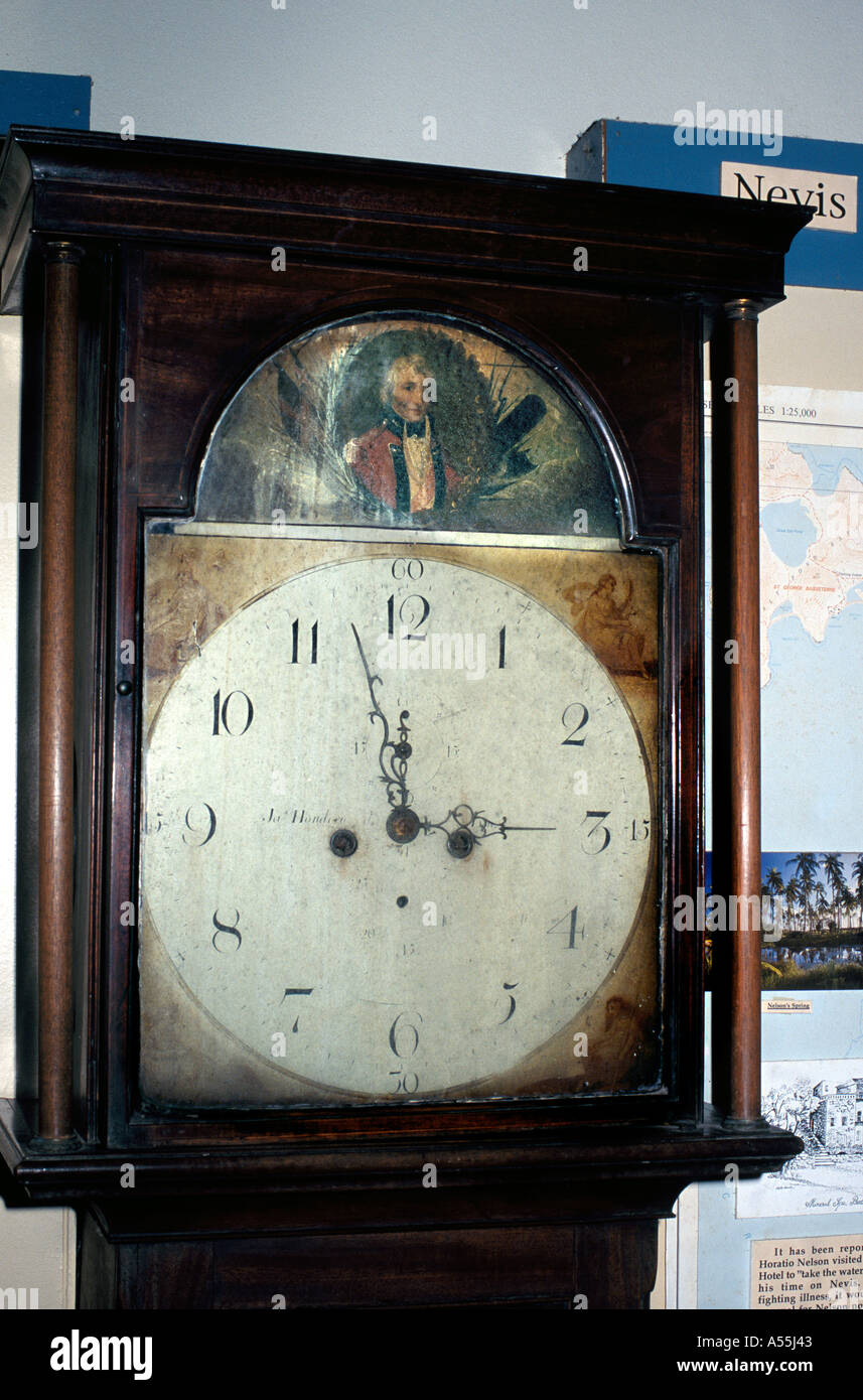 Nevis Museum Grandfather clock with Portrait of Horatio Nelson Stock Photo