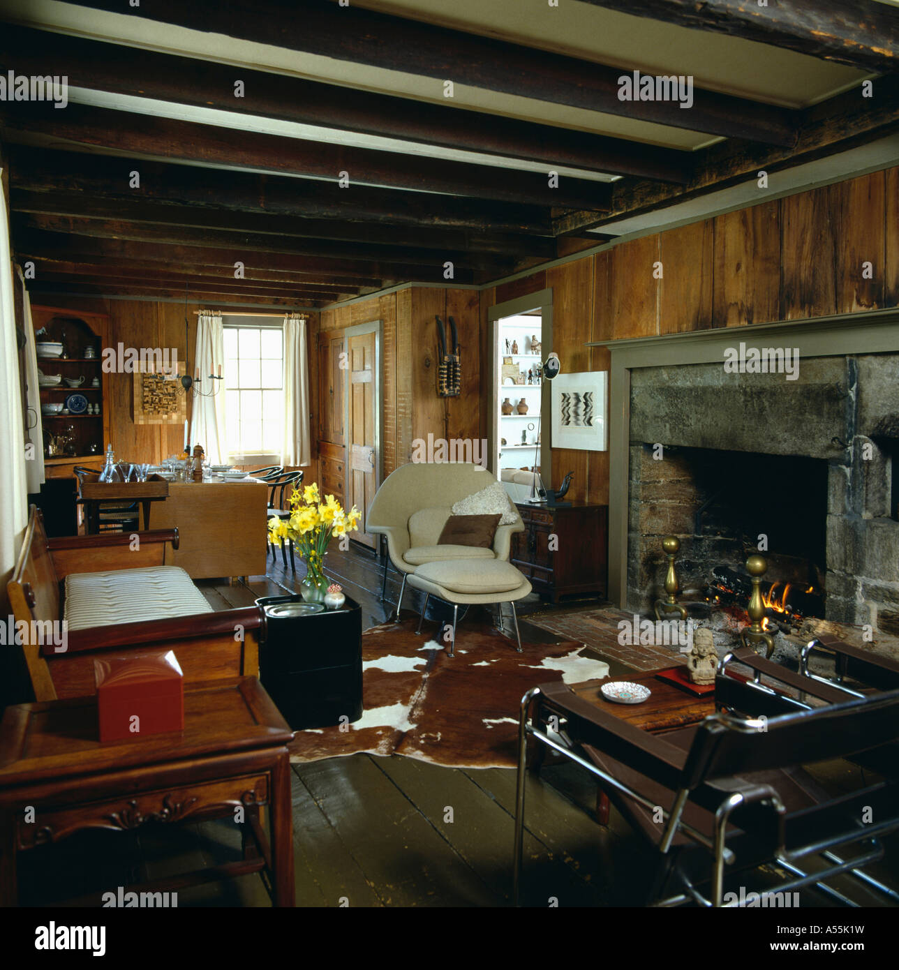 Large Fireplace In Paneled American Country Living Room With