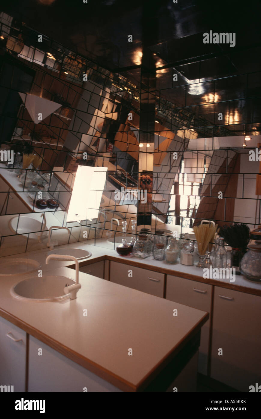 Small Eighties Kitchens With Mirror Tiles On Walls And