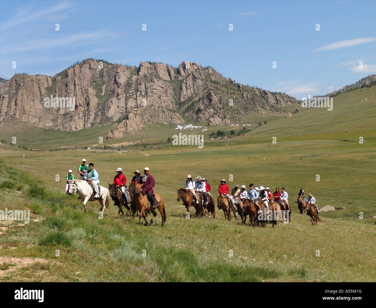 Painet is1455 mongolia korean tourists horseback ulaan baatar country developing nation less economically developed culture Stock Photo