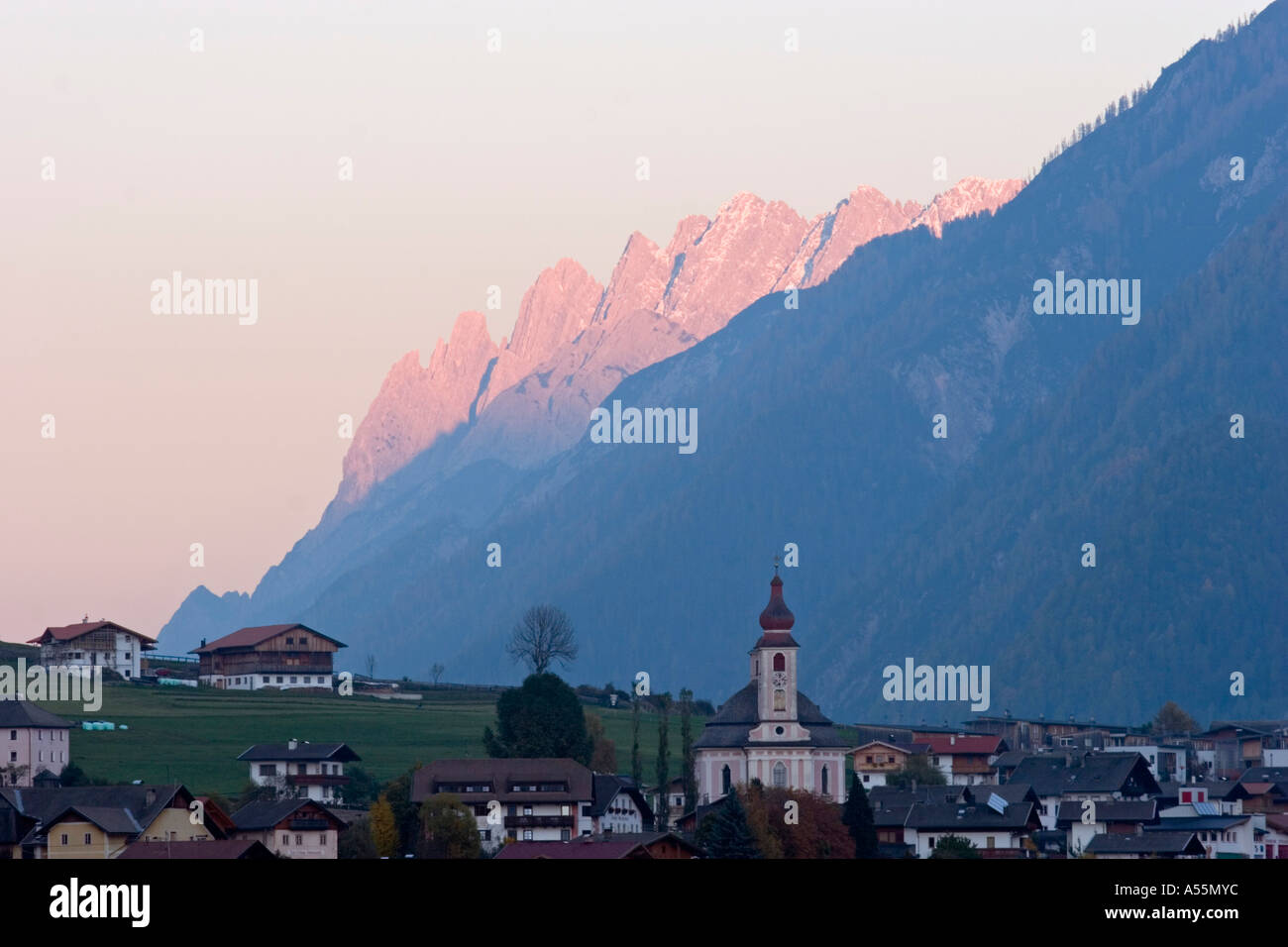 Strassen and Lienzer Dolomiten mountains in Pustertal valley Tyrol Austria Stock Photo