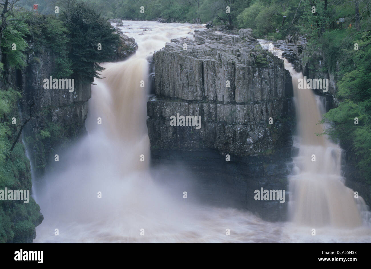 The River Tees drops over High Force waterfall in Upper Teesdale, County Durham. It is shown here in flood Stock Photo