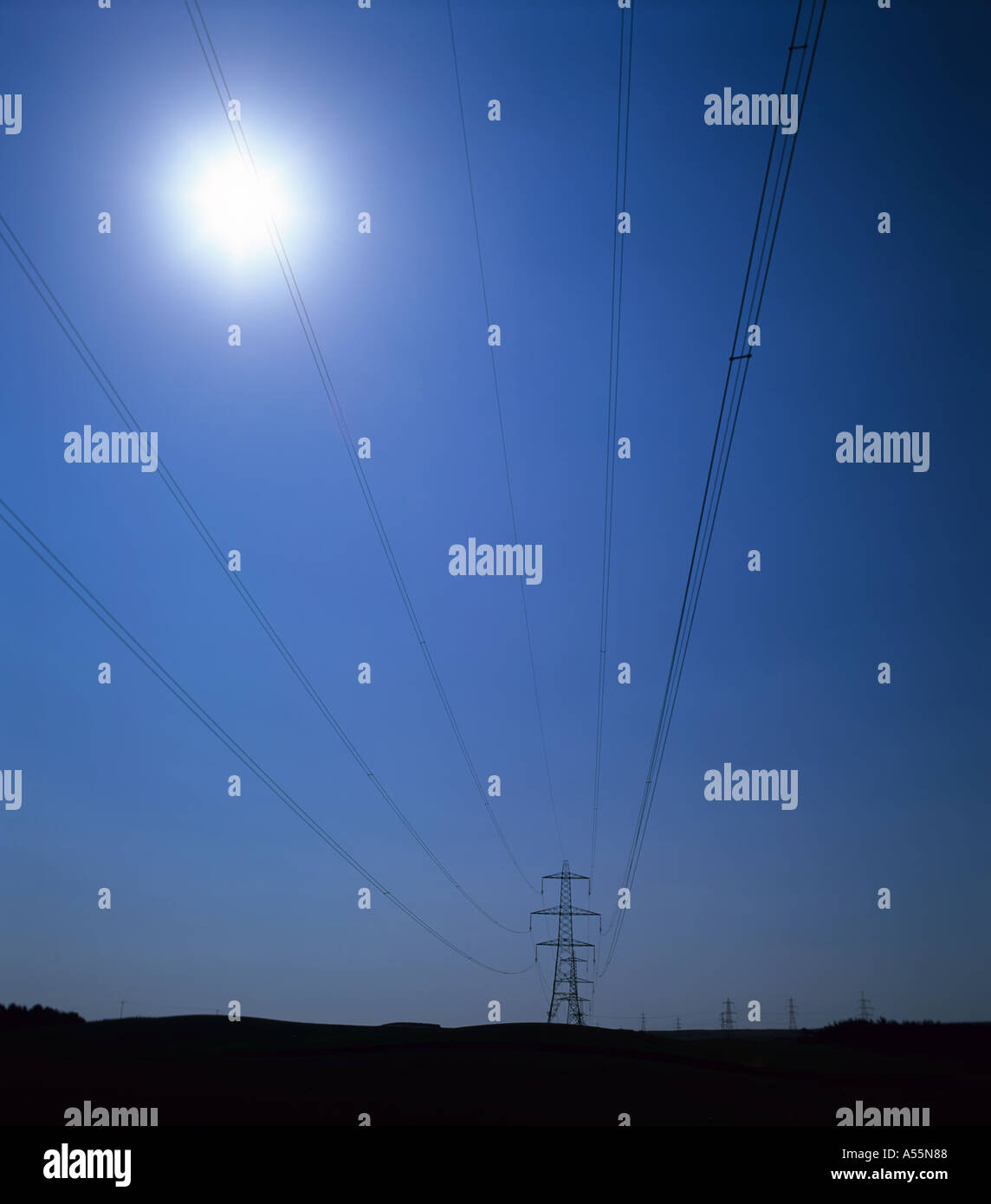 Overhead electrical power lines running through Northumberland National