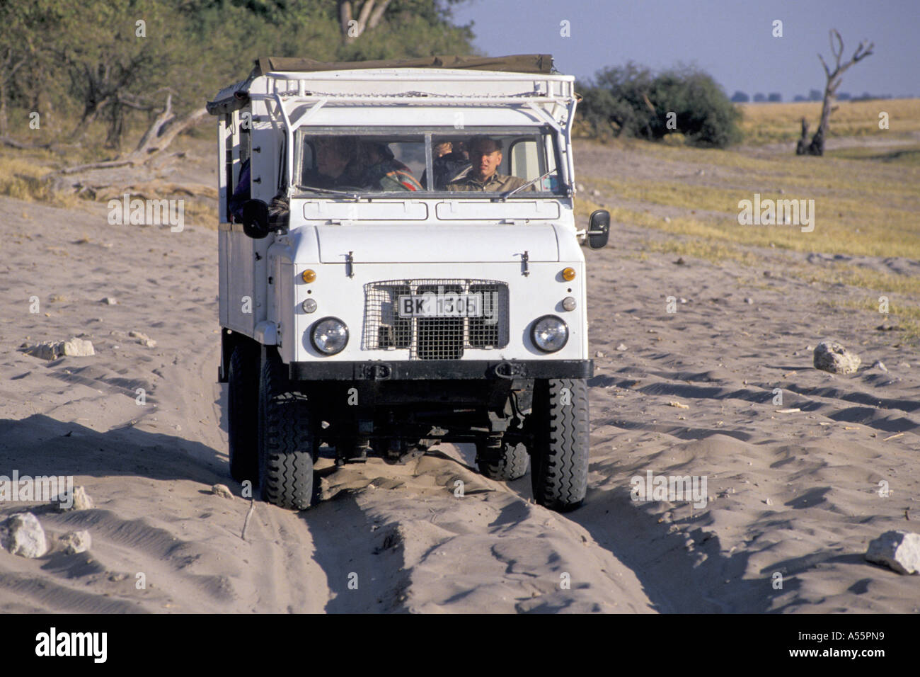Safari Truck is driving through deep sand Botswana Stock Photo Alamy