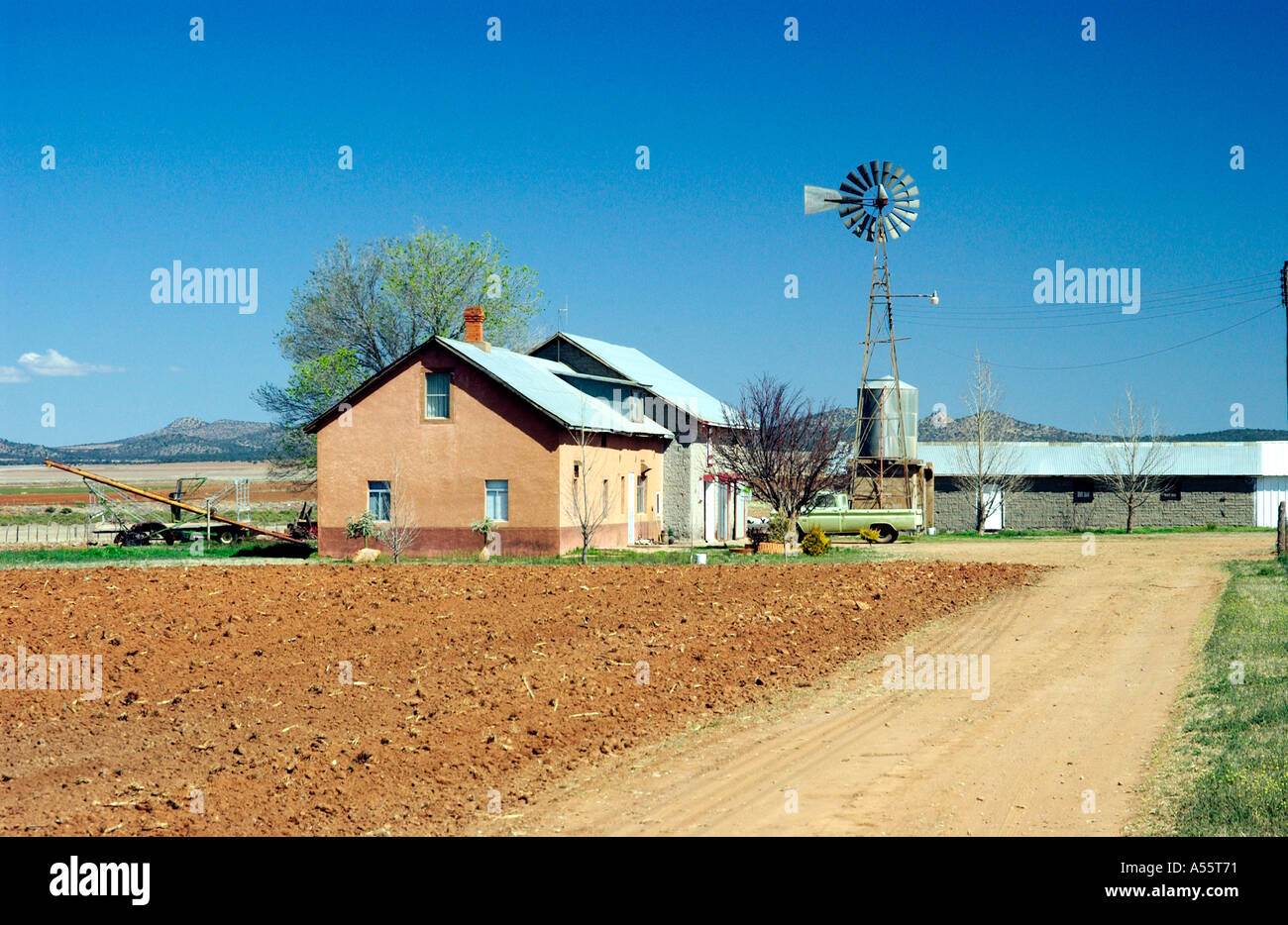 A farm and windmill in the Mennonite villages of Chihuahua