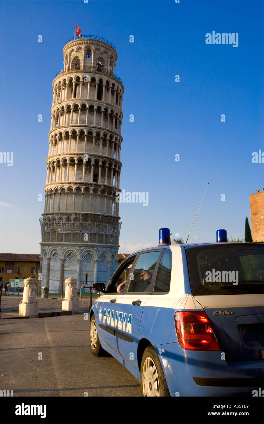 Italian police car and the Leaning Tower Pisa Tuscany Italy Stock Photo