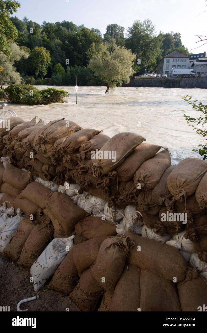 Sandbags flood water Isar river Bad Tölz Bavaria Germany Stock Photo