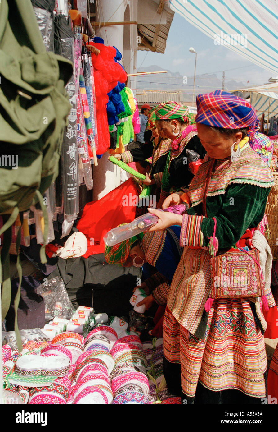 An Hmong woman at the market in BacHa Northern Vietnam Stock Photo