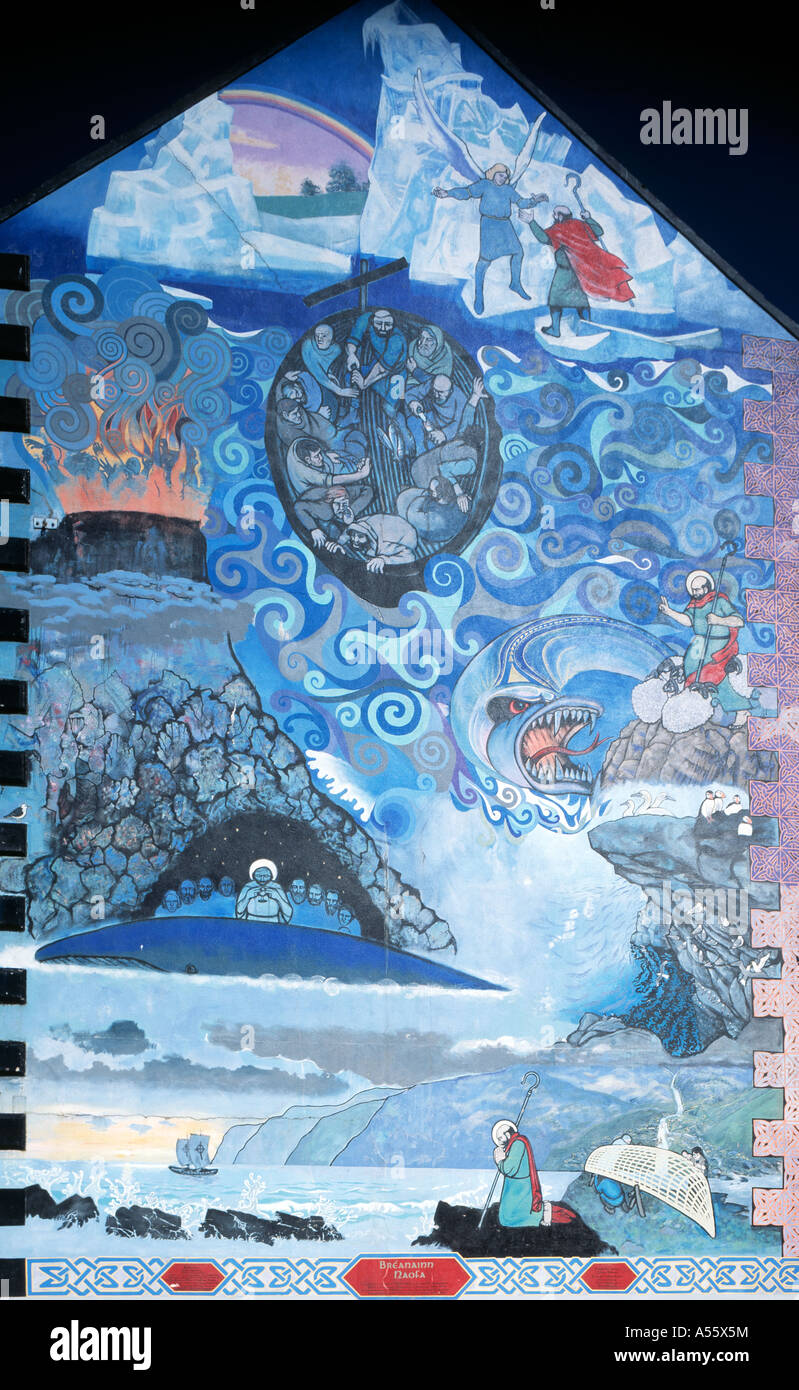 large wall mural depicting st brendan patron saint of county kerry on