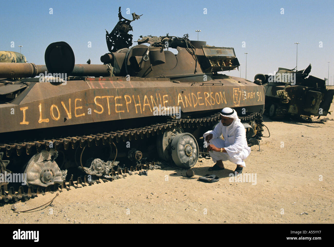 Kuwait wrecked tanks with graffiti relics of the Iraq Iran war Stock Photo