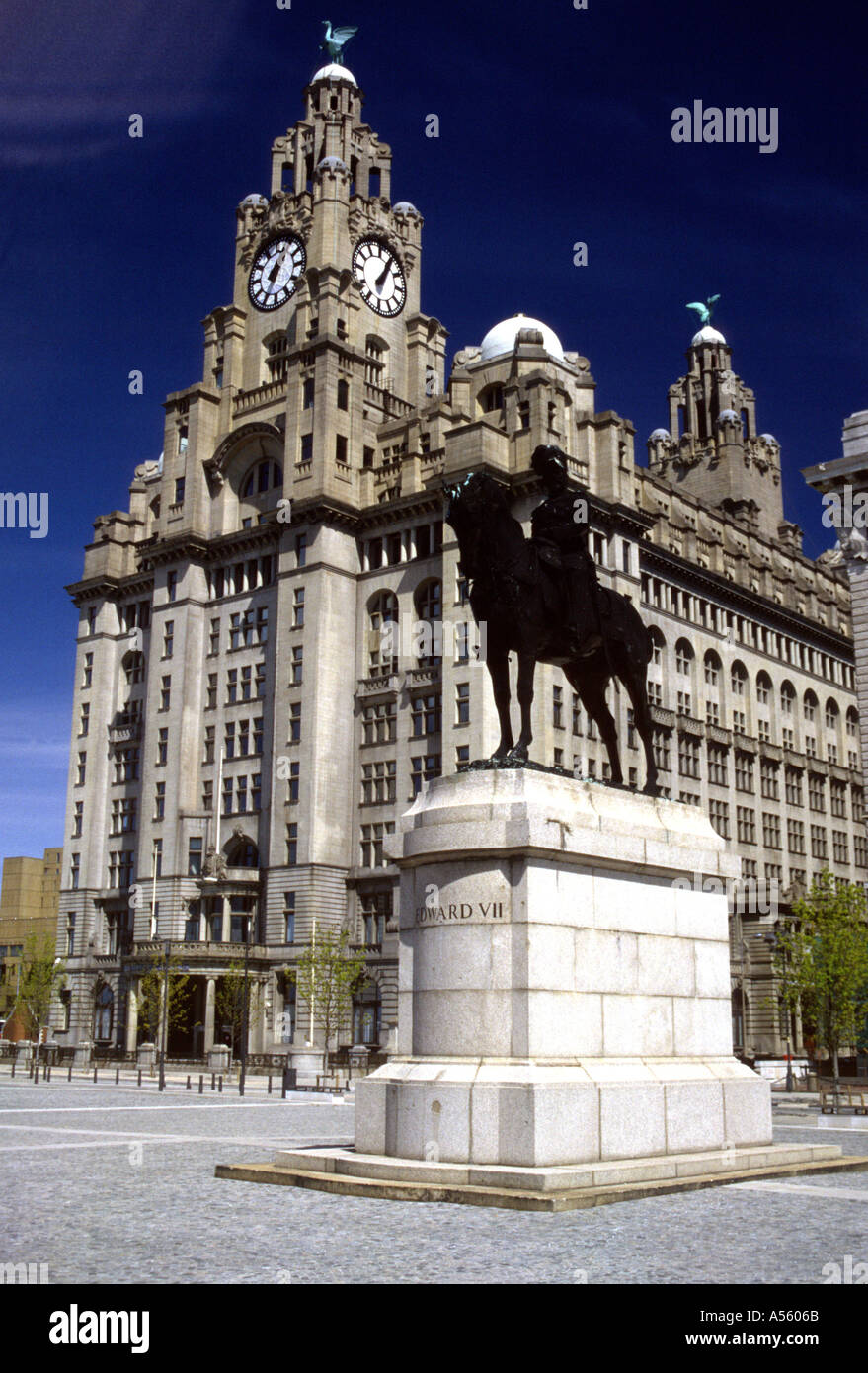 Liver Building Statue of King Edward 7th Pier Head Liverpool Merseyside England UK Europe Stock Photo