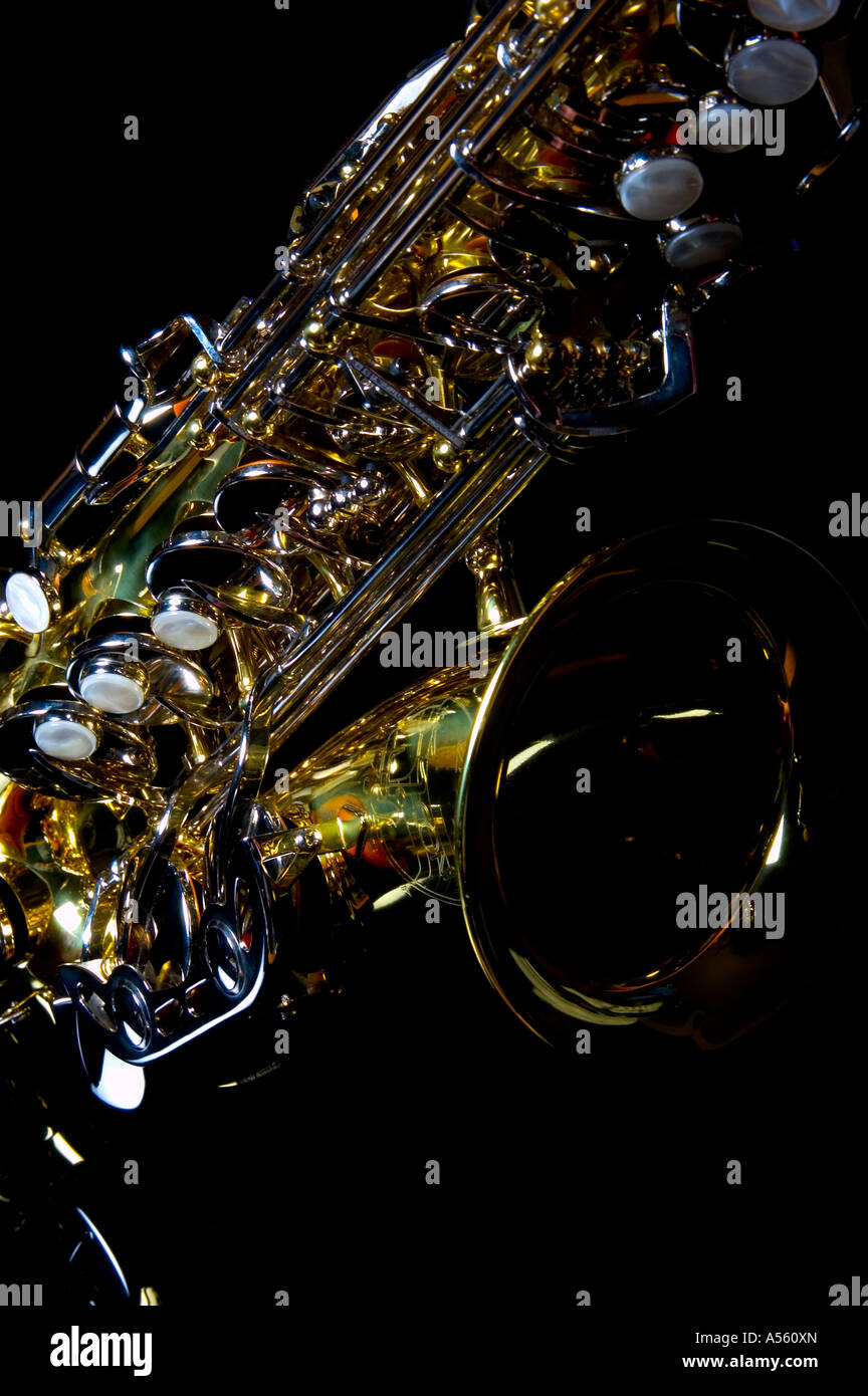 saxophone on black reflective background Stock Photo