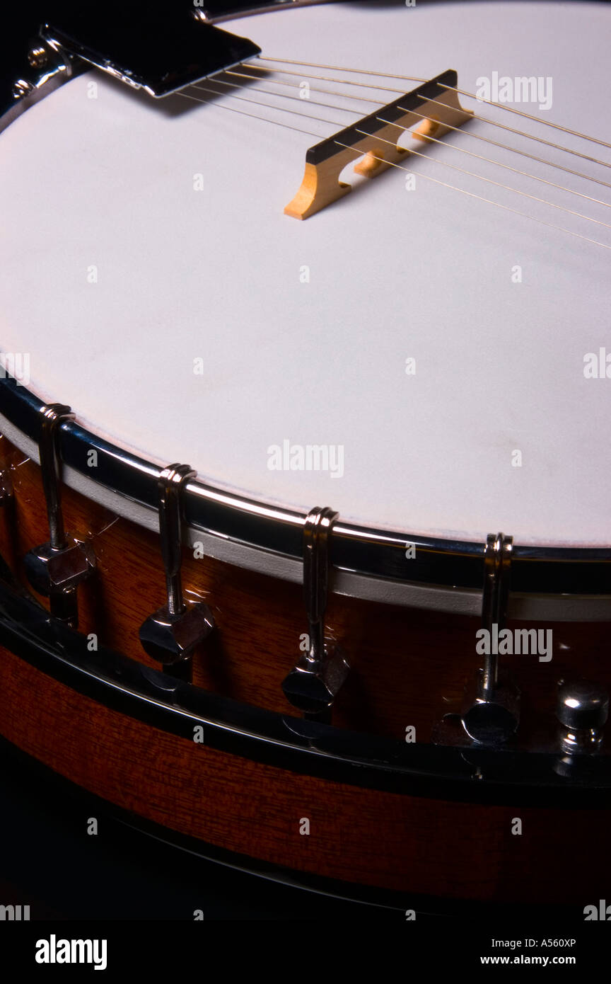 Close up of banjo body with strings and bridge Stock Photo