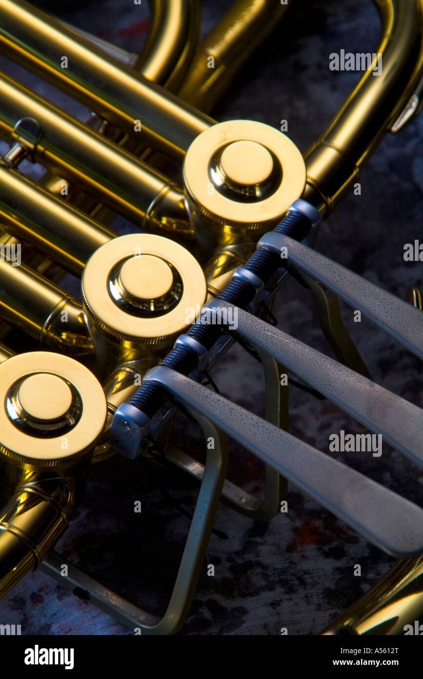 Close up of French horn valves on mottled background Stock Photo
