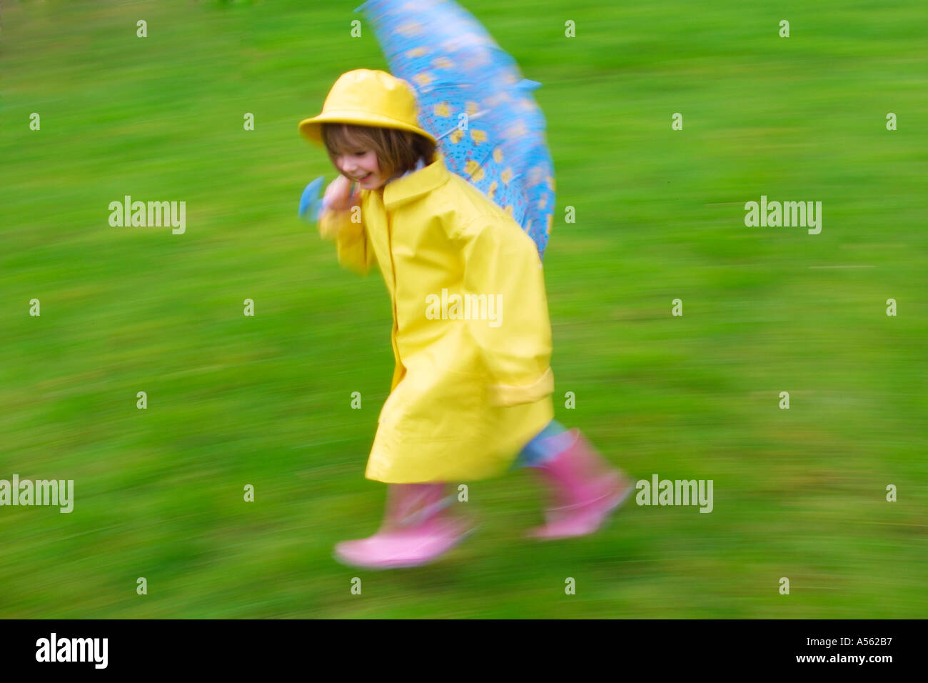 GIRL IN YELLOW MACKINTOSH WITH BLUE UMBRELLA RUNNING IN GARDEN UK Stock Photo