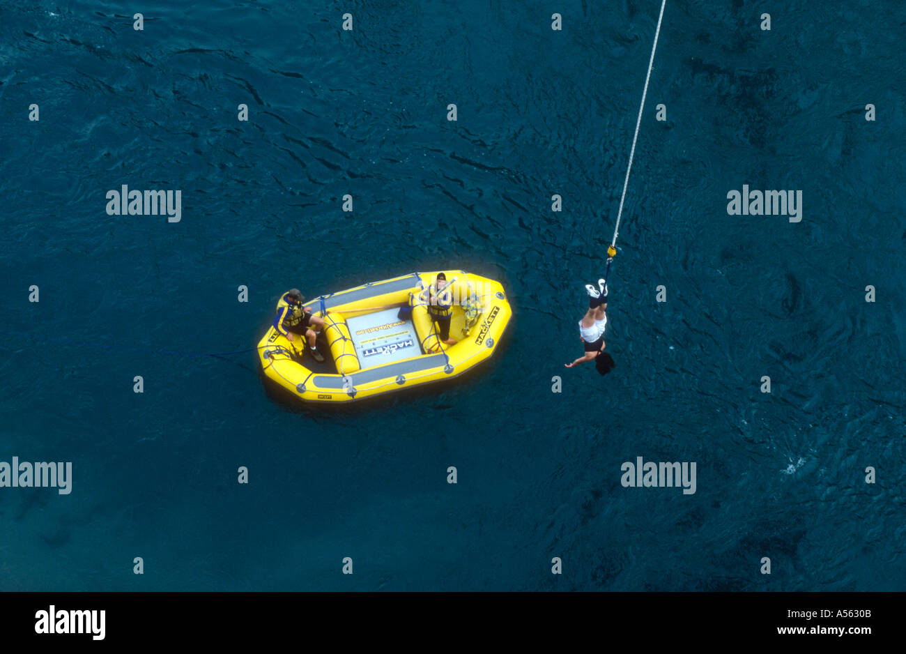 A raft used for bringing in a bungy jumper at the Shotover River near Queenstown Otago South Island New Zealand Stock Photo