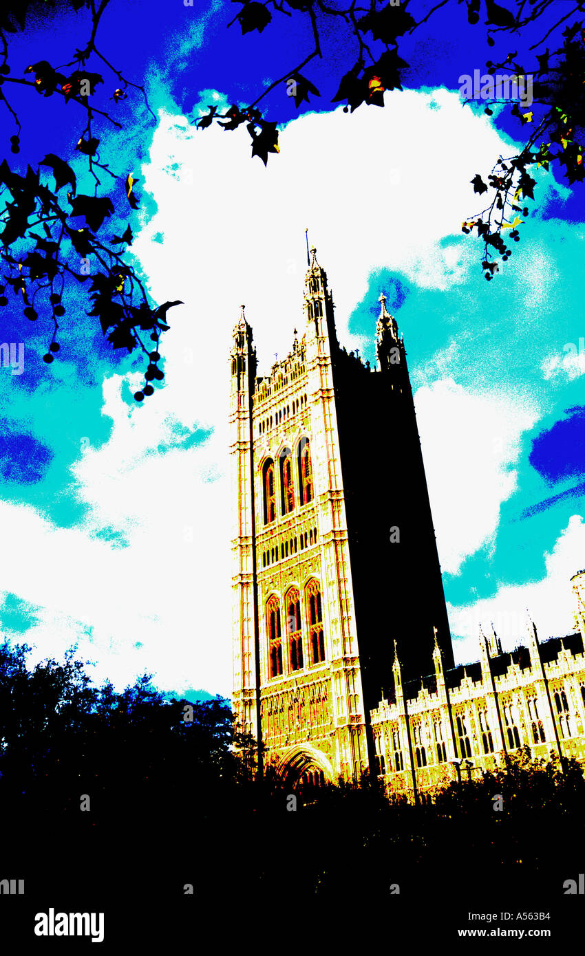 A posterised image of the Houses of Parliament with Victoria Tower seen from Victoria Gardens London SW1 England UK Europe Stock Photo