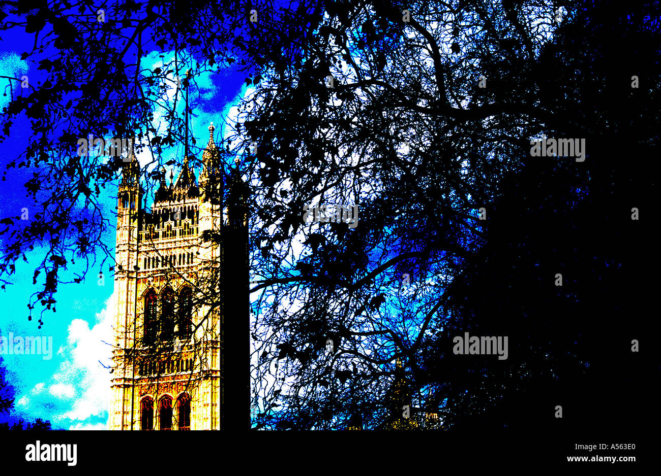 A posterised image of the Houses of Parliament with Victoria Tower seen from Victoria Gardens London SW1 England UK Europe Stock Photo