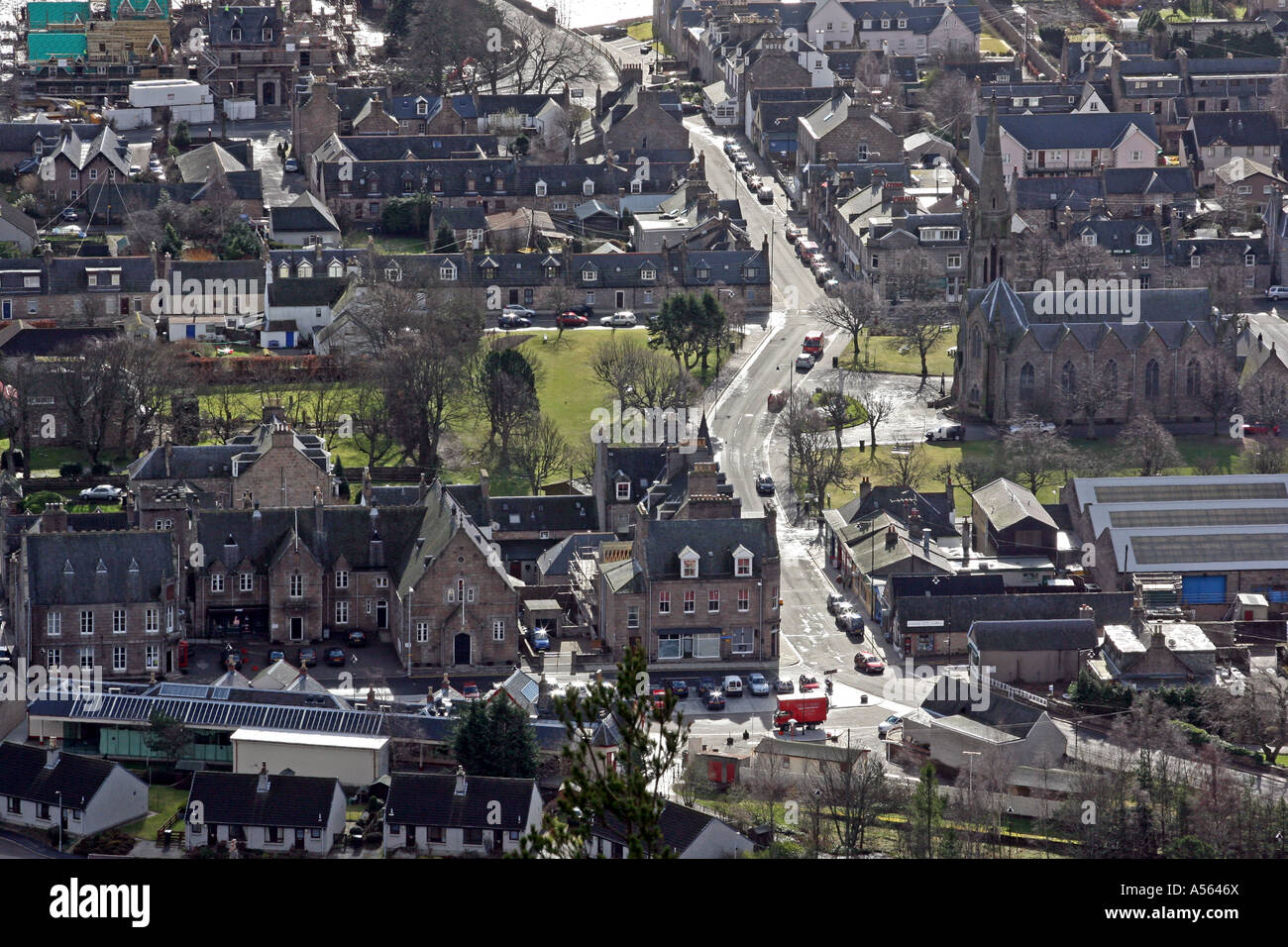 Aerial view of The village of Ballater on Royal Deeside, Aberdeenshire