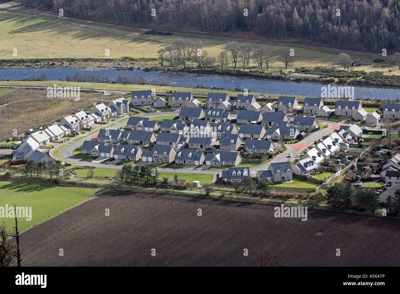 Aerial view of new housing in village of Ballater on Royal Deeside, Aberdeenshire, Scotland