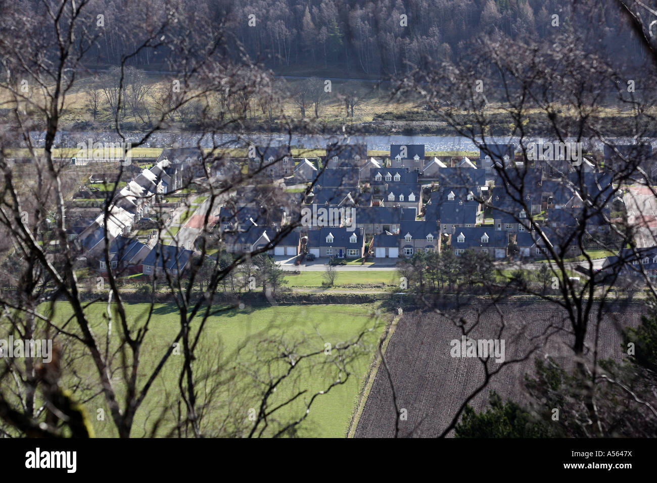 Aerial view of new housing in village of Ballater on Royal Deeside, Aberdeenshire, Scotland