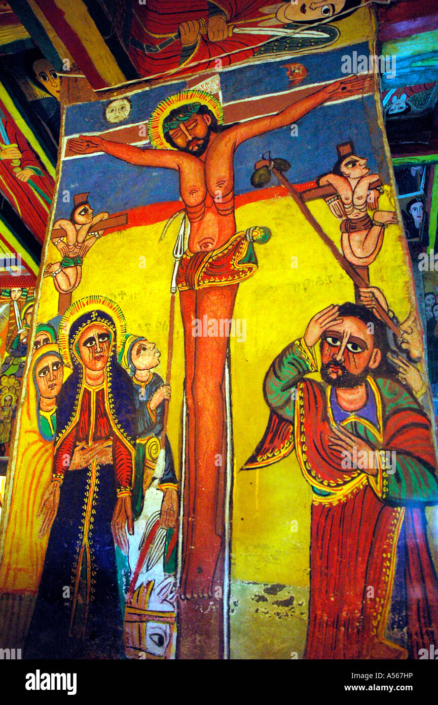 Painet iy7810 ethiopia 17th –19th century murals jesus christ on cross new gondar style inside saint teclaima church axum Stock Photo