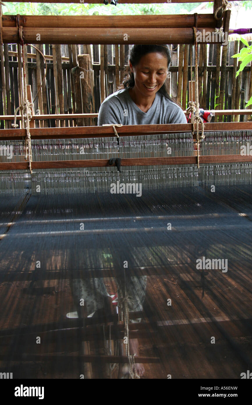 Painet iy8426 thailand woman female large loom weaving cotton cloth chiang dao village mai photo 2005 country developing Stock Photo