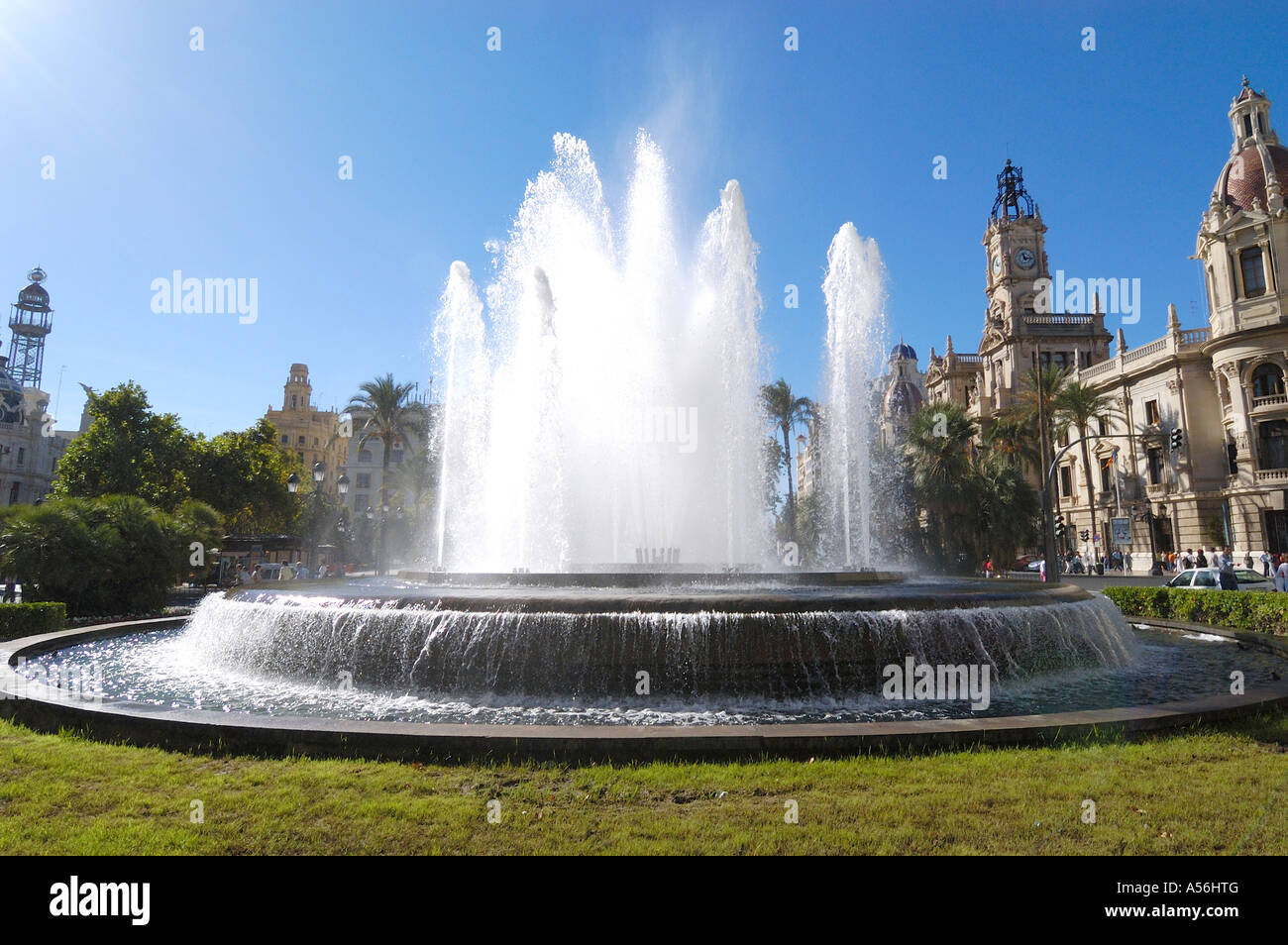 Fountains play in Valencias Citys Plaza Ayuntamiento Stock Photo Alamy