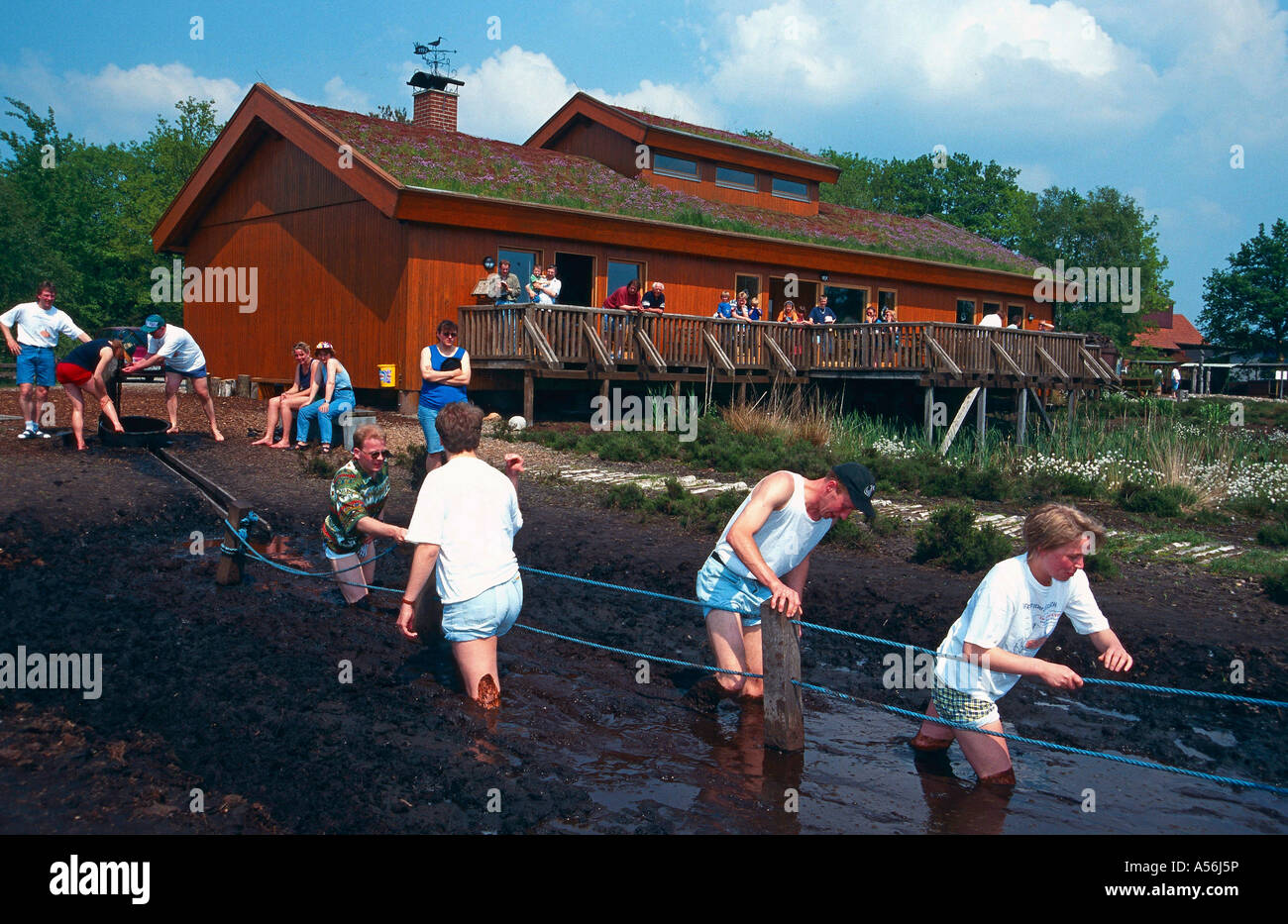 Besucher auf dem Lehrpfad des Naturschutz und Informationszentrum Haus im Moor Goldenstedt Niedersachsen Deutschland Stock Photo