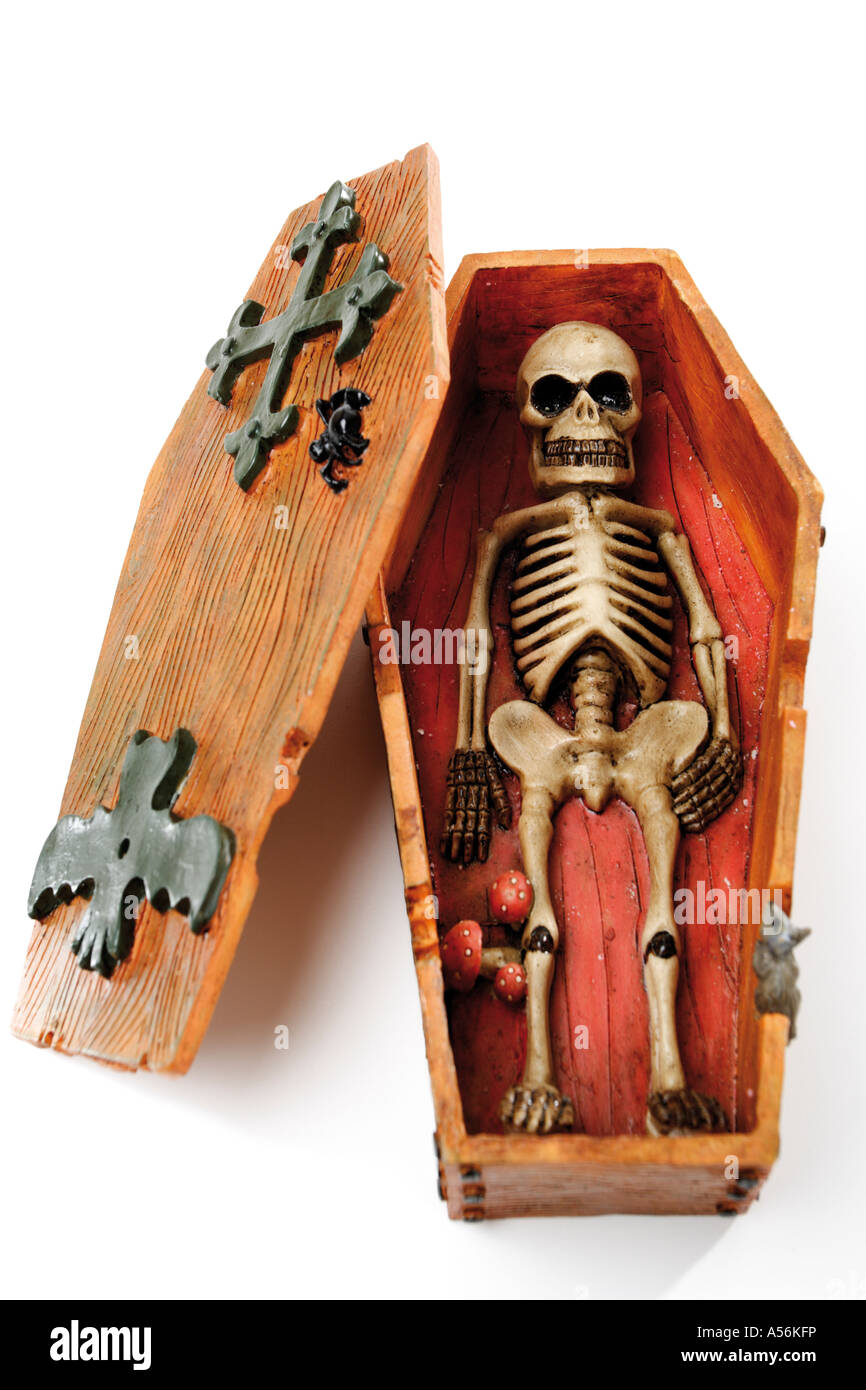 Skeleton in coffin, elevated view Stock Photo