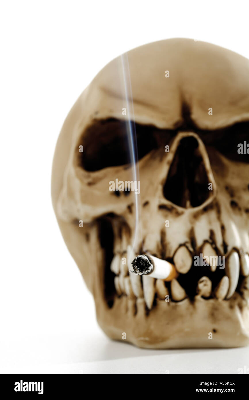 Skull with burning cigarette, close-up Stock Photo