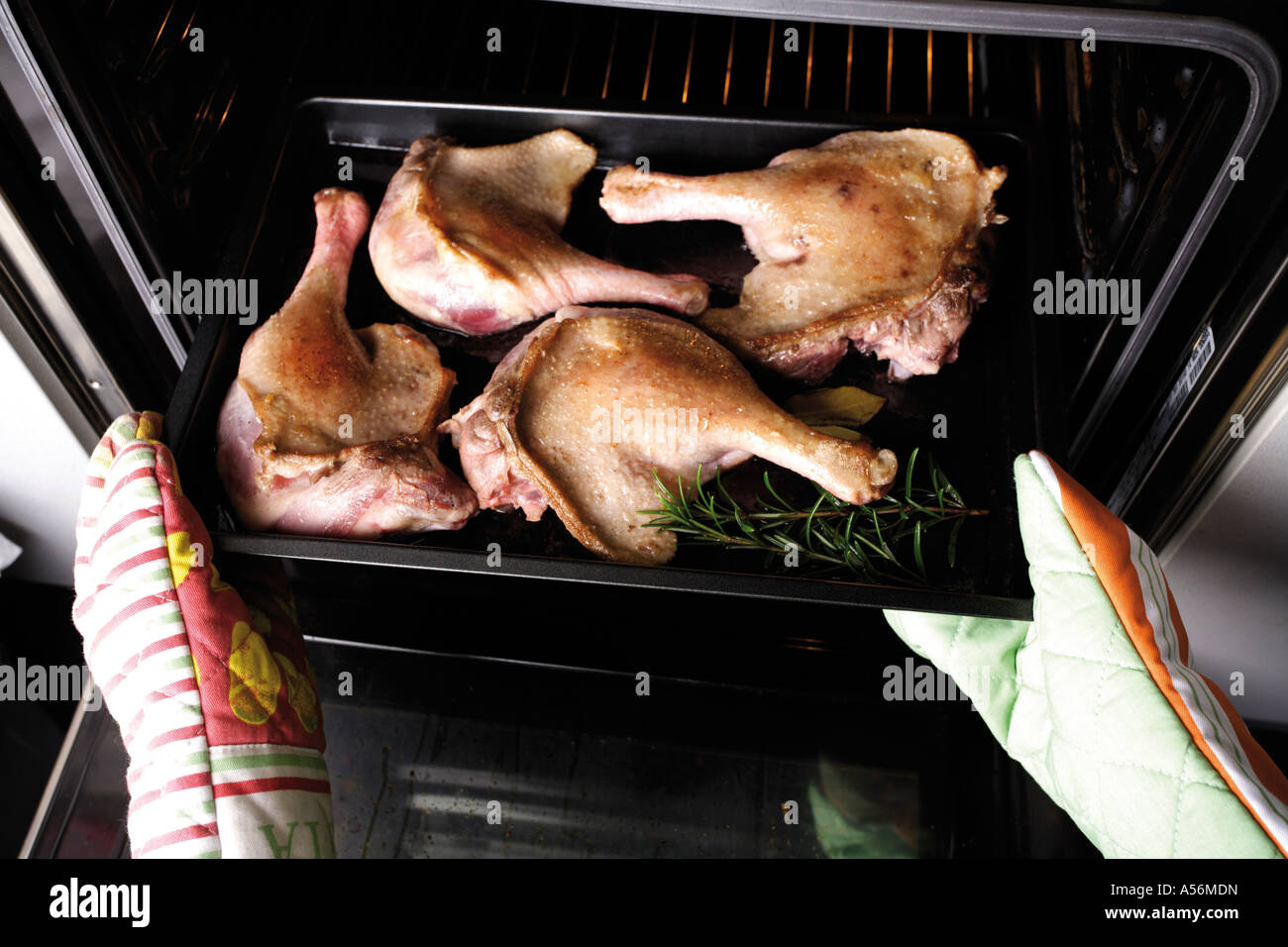 Raw goose meat on baking tray, elevated view Stock Photo Alamy